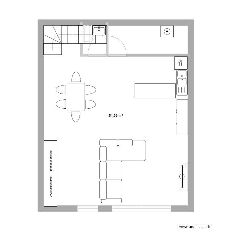 RDC. Plan de 1 pièce et 51 m2