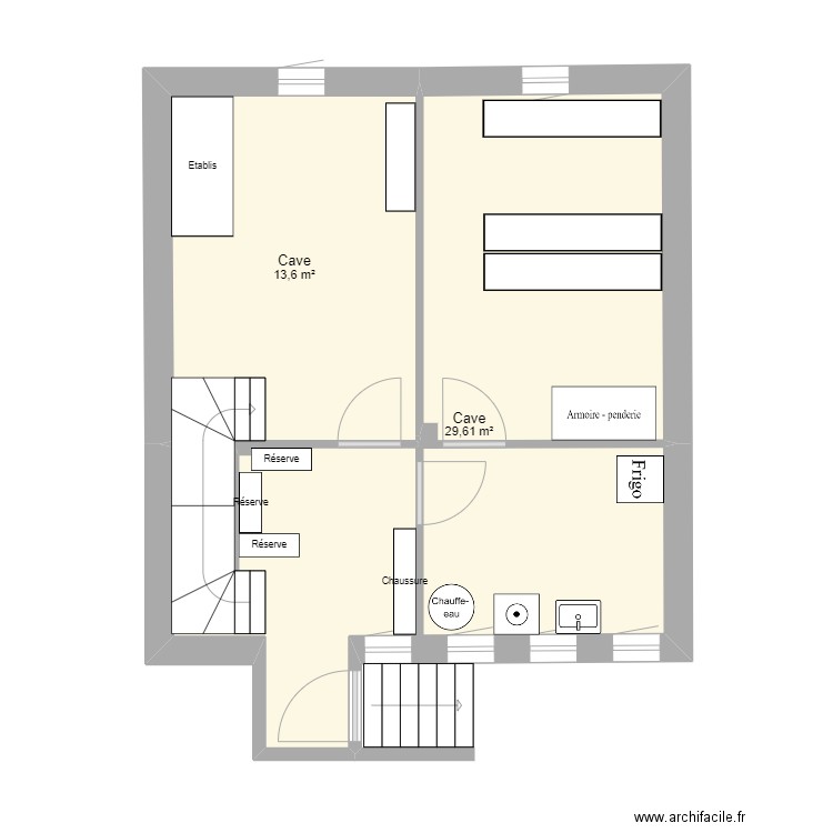 Cave. Plan de 2 pièces et 43 m2