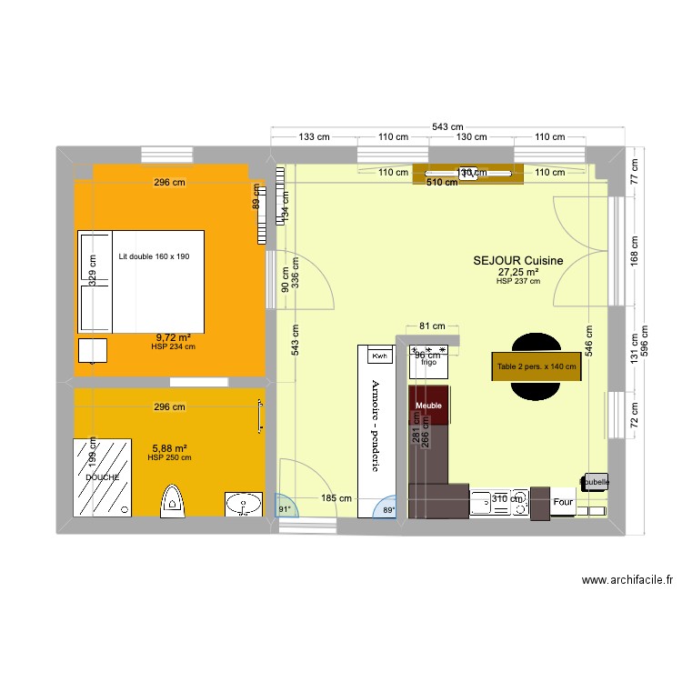 flat pierre. Plan de 3 pièces et 43 m2