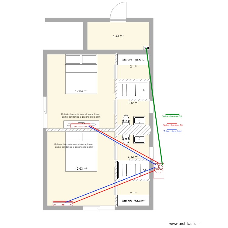 Corse chambre ami Passage clim. Plan de 7 pièces et 40 m2