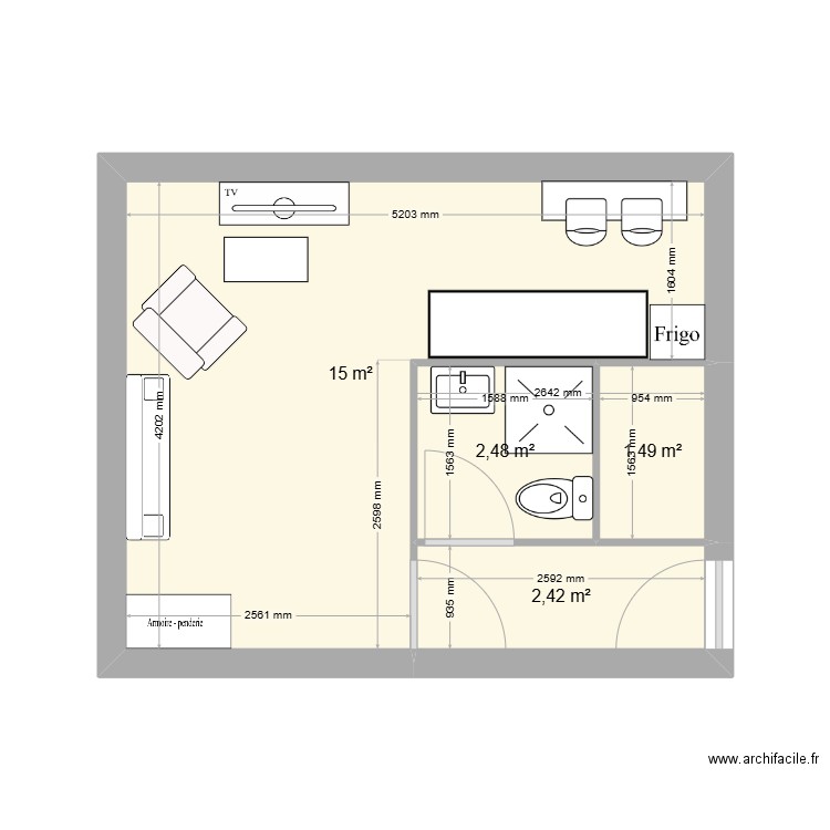 Studio . Plan de 4 pièces et 21 m2