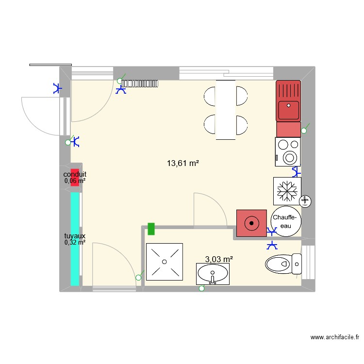 T2 RDC. Plan de 4 pièces et 17 m2