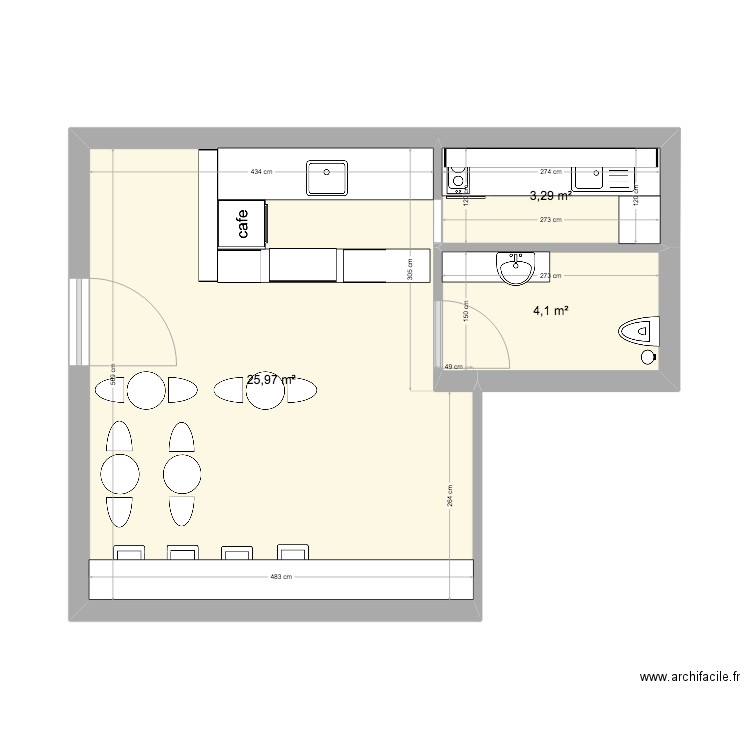 Café. Plan de 3 pièces et 33 m2