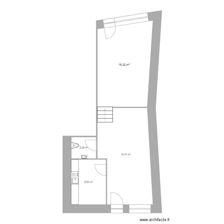 local. Plan de 4 pièces et 47 m2