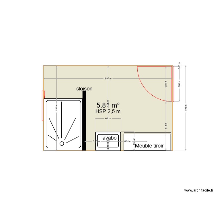 Salle de bain maman. Plan de 1 pièce et 6 m2