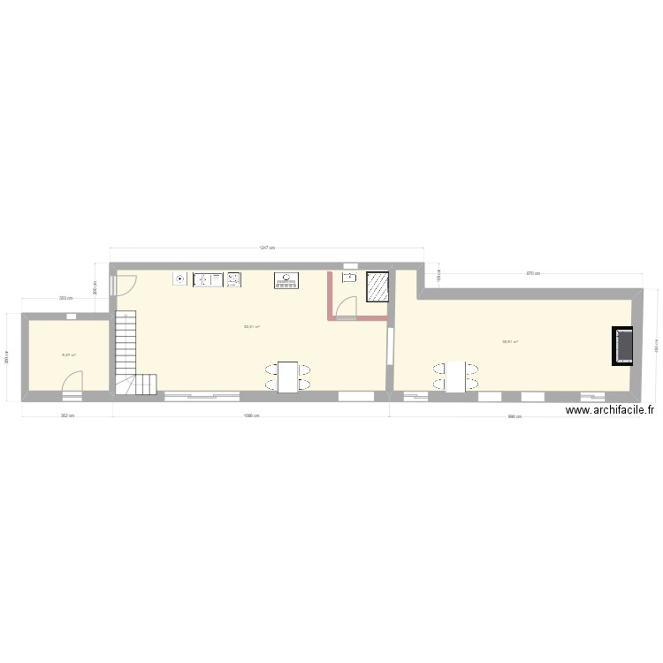 plan d'implantatiion interieur. Plan de 3 pièces et 97 m2