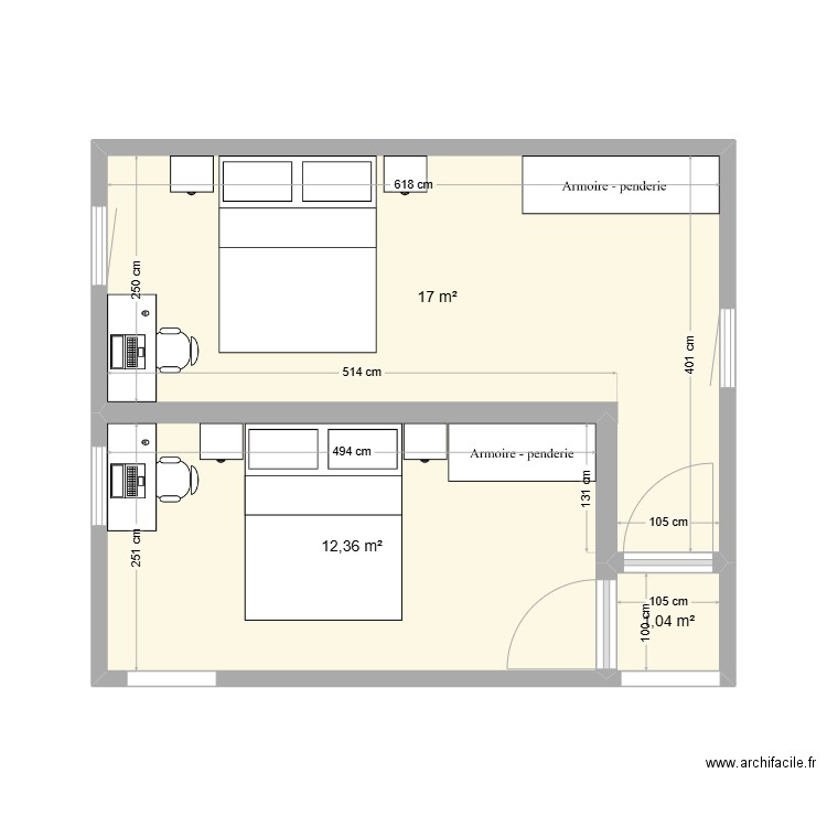 plan sans couloir. Plan de 3 pièces et 30 m2