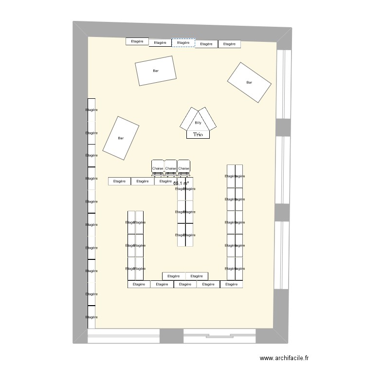 magasin fil. Plan de 1 pièce et 65 m2