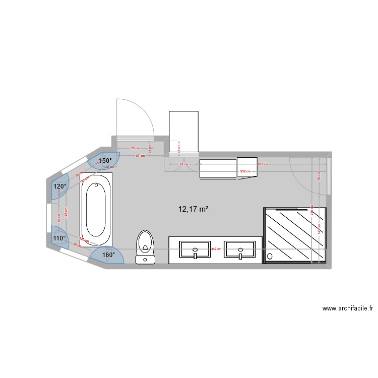 Sallr de bain en haut. Plan de 1 pièce et 12 m2