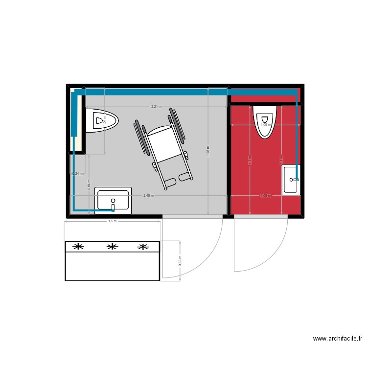 Creperie . Plan de 4 pièces et 7 m2