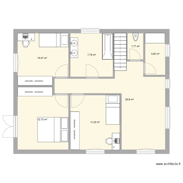 R+1 V2. Plan de 7 pièces et 68 m2