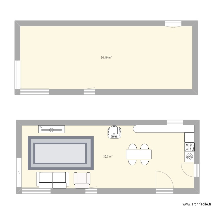 salon apres travaux. Plan de 2 pièces et 73 m2