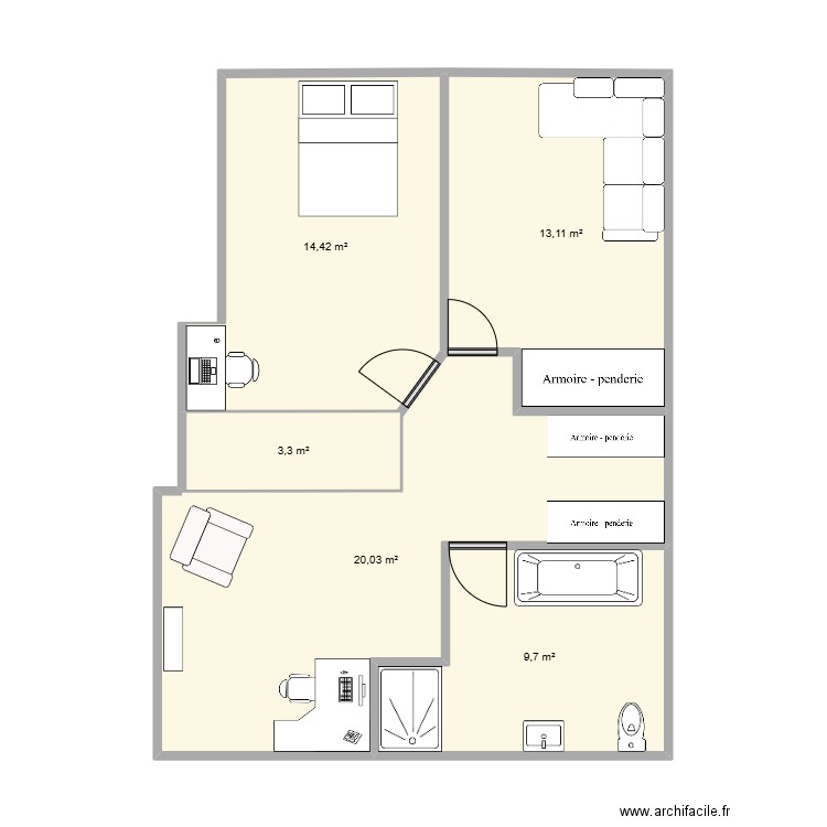 ETAGE. Plan de 5 pièces et 61 m2