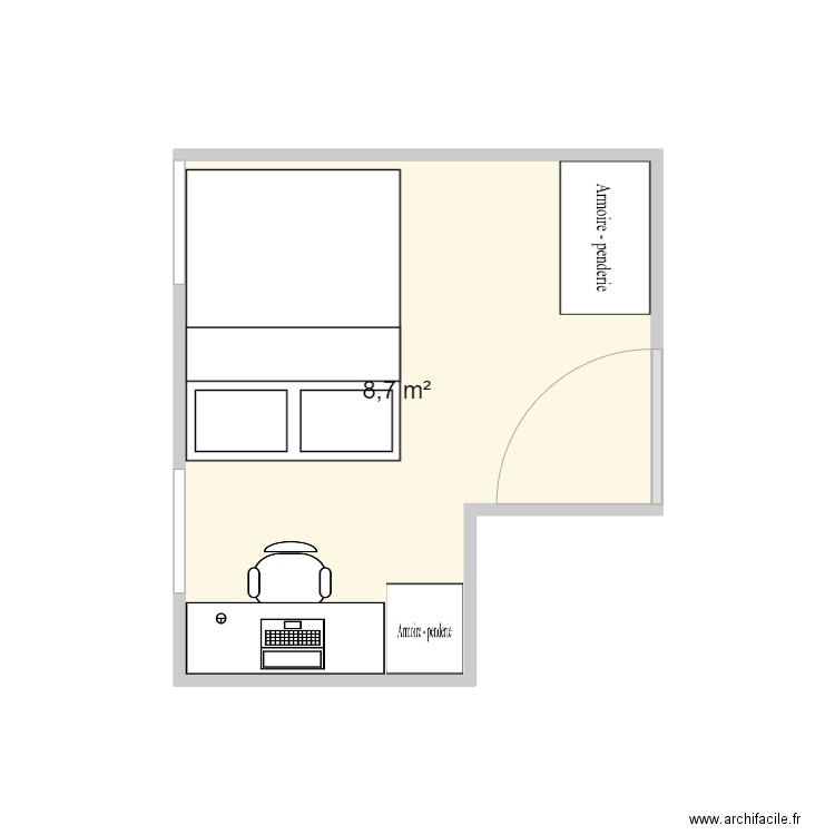 chambre. Plan de 1 pièce et 9 m2