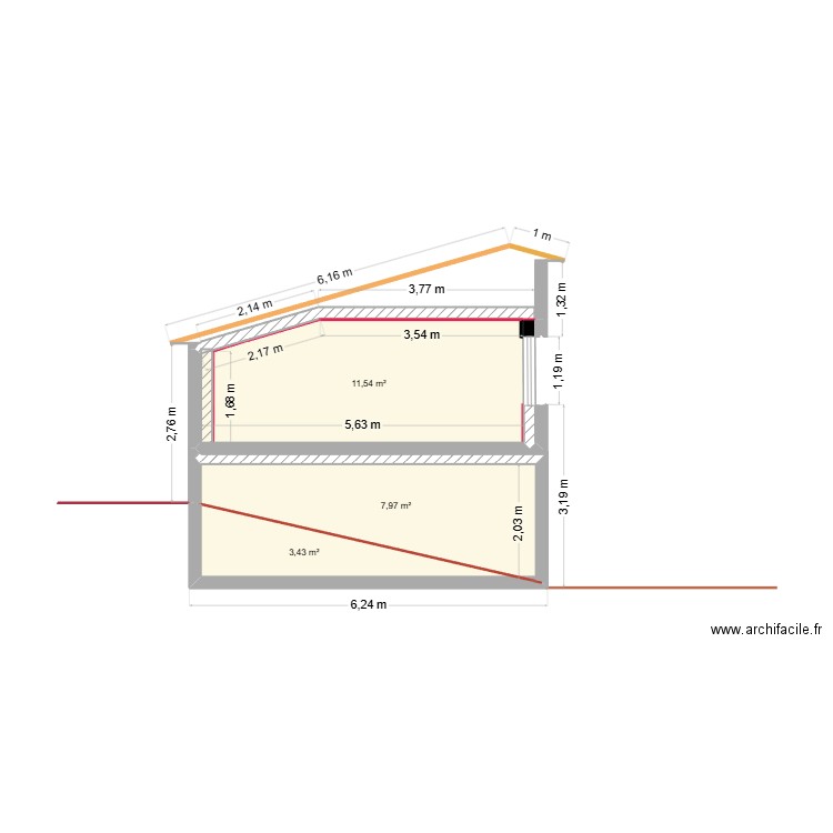 Coupe Ouest garage/ chambre réhaussée. Plan de 3 pièces et 23 m2