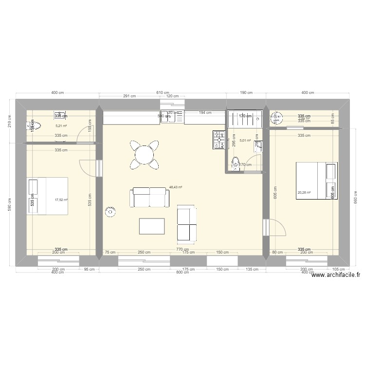 BASE 8 X 16. Plan de 6 pièces et 100 m2