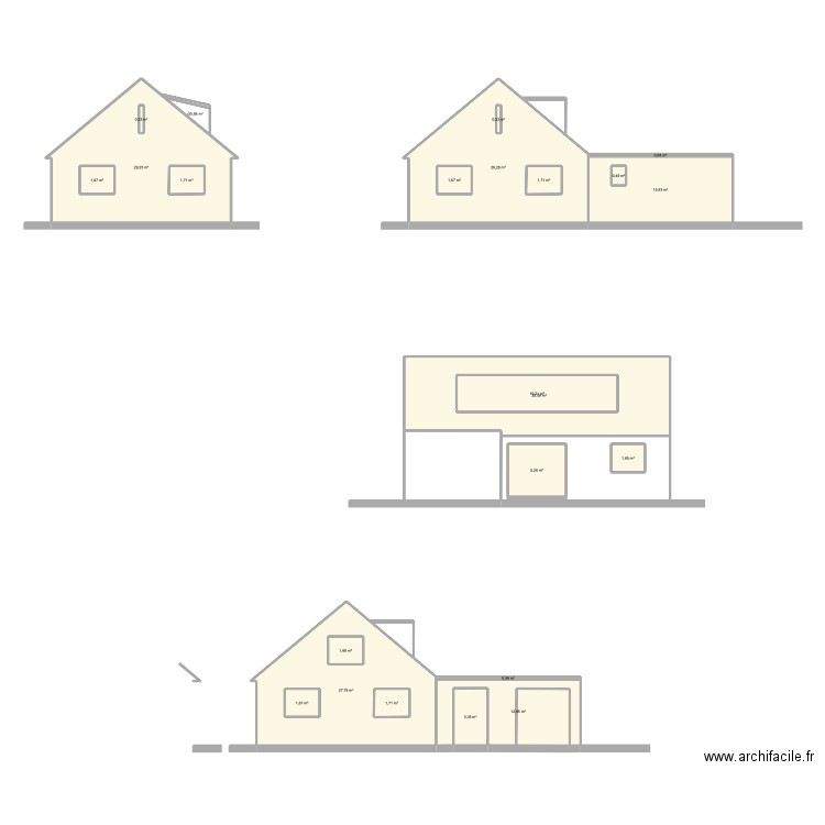 façades. Plan de 23 pièces et 199 m2