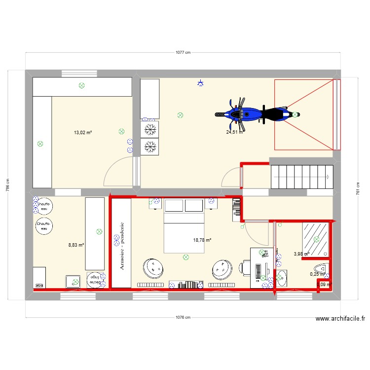 Etage R+0. Plan de 7 pièces et 69 m2