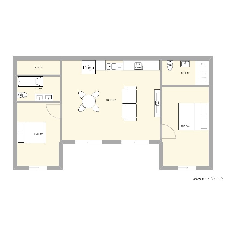 en u 70m2. Plan de 6 pièces et 75 m2