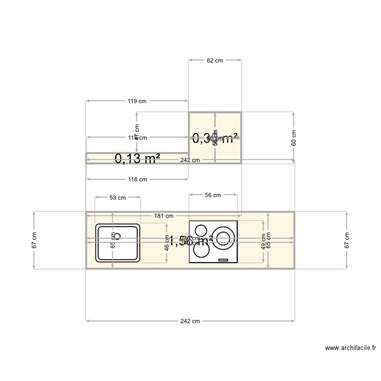 Plantravail. Plan de 3 pièces et 2 m2