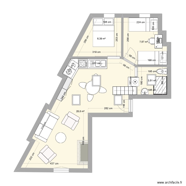 18 grande chaumière. Plan de 4 pièces et 46 m2