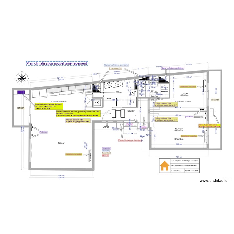 Plan  climatisation nouvel aménagement. Plan de 7 pièces et 30 m2