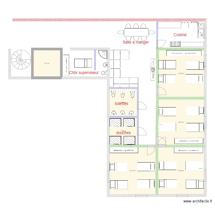 dortoirs lkhiyata. Plan de 6 pièces et 161 m2