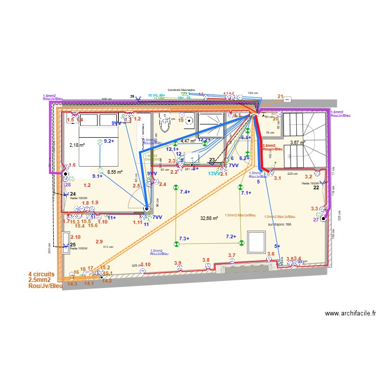 Appartement 3ème Electricité PRISES. Plan de 5 pièces et 52 m2