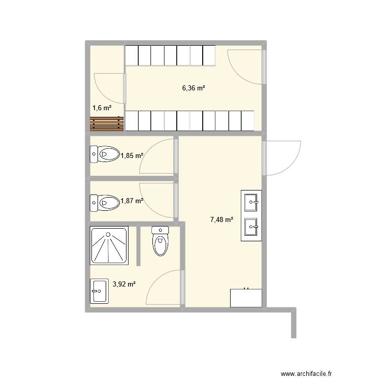 sanitaires bureaux. Plan de 6 pièces et 23 m2