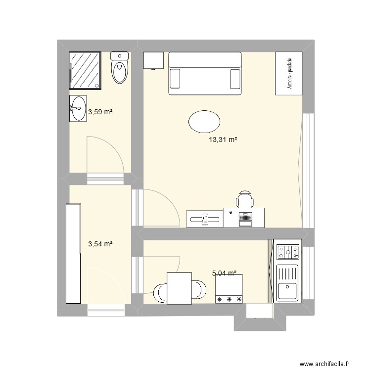 38 studio. Plan de 4 pièces et 25 m2