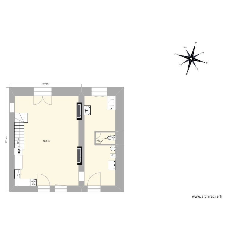 RDC Meuble. Plan de 3 pièces et 60 m2