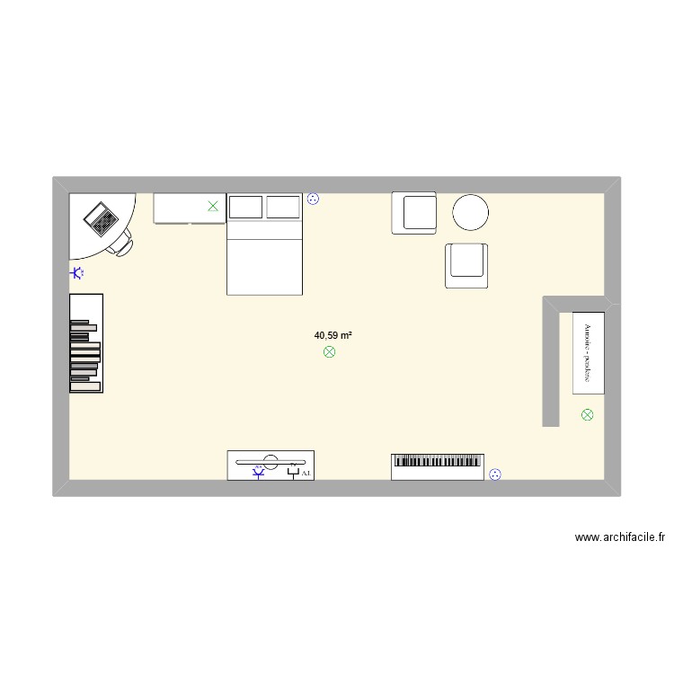 chambre. Plan de 1 pièce et 41 m2