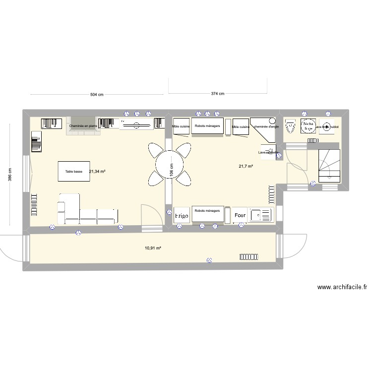 Vue aménagement V1  . Plan de 3 pièces et 54 m2