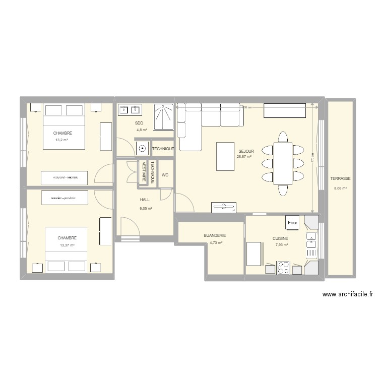 COQUELET. Plan de 12 pièces et 89 m2