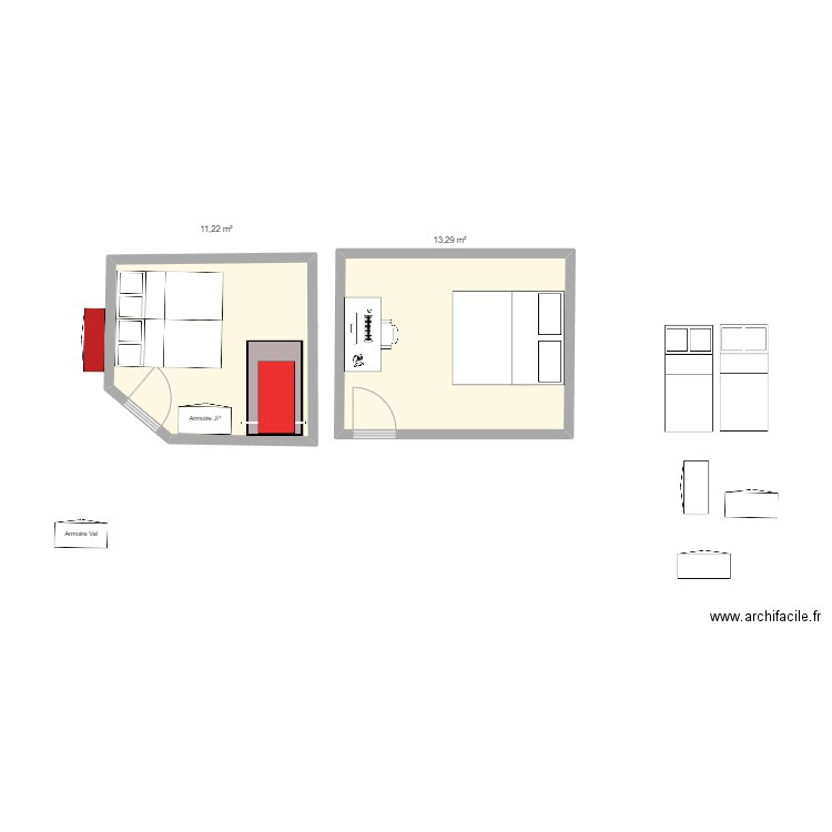 Apartement_Kichrode_bureau_grande_chambre. Plan de 2 pièces et 25 m2