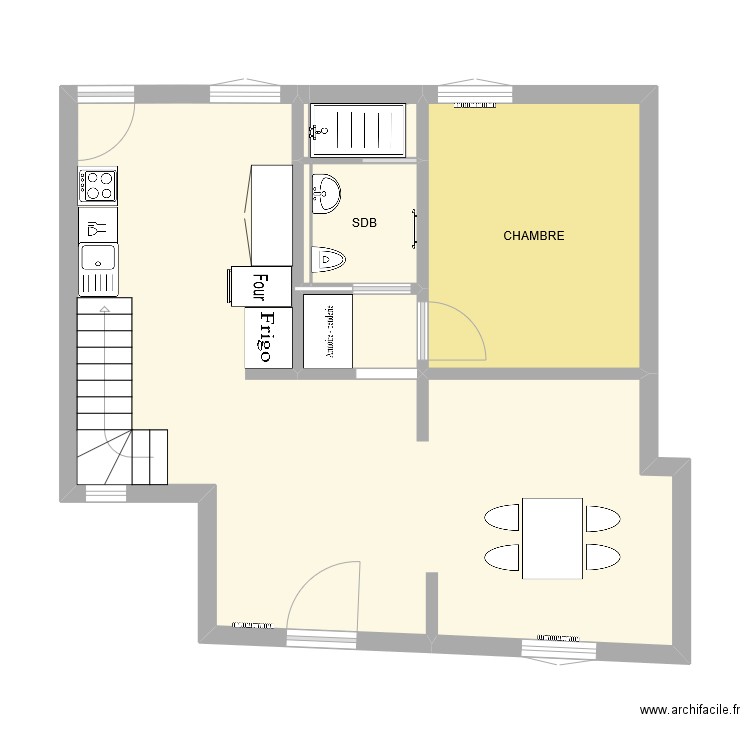 PLAN rdc + cuisine . Plan de 6 pièces et 58 m2