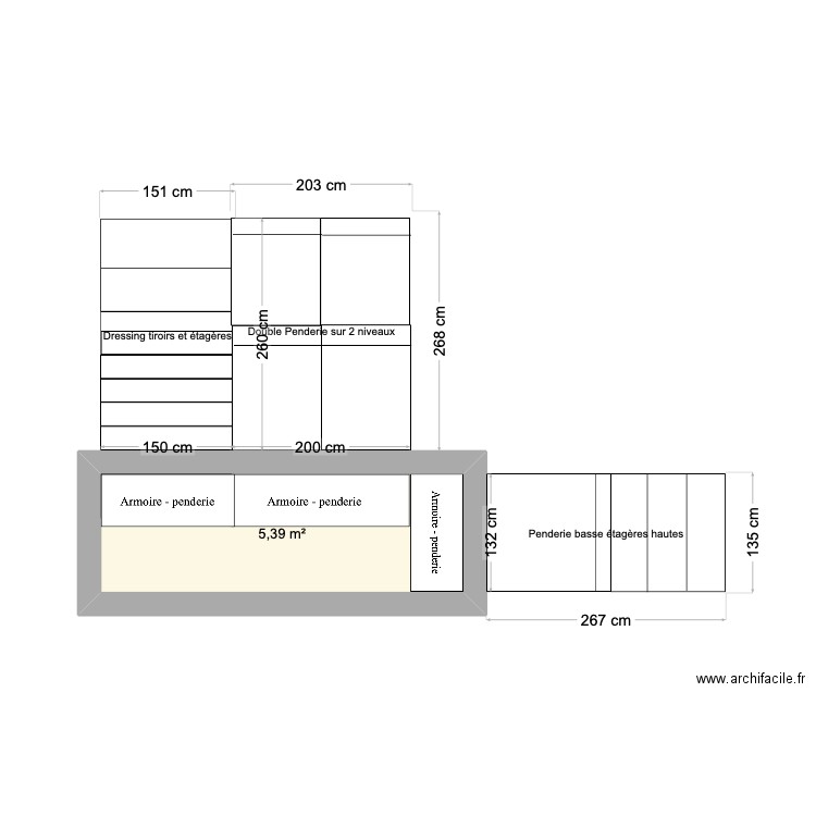 Dressing suite parentale. Plan de 1 pièce et 5 m2