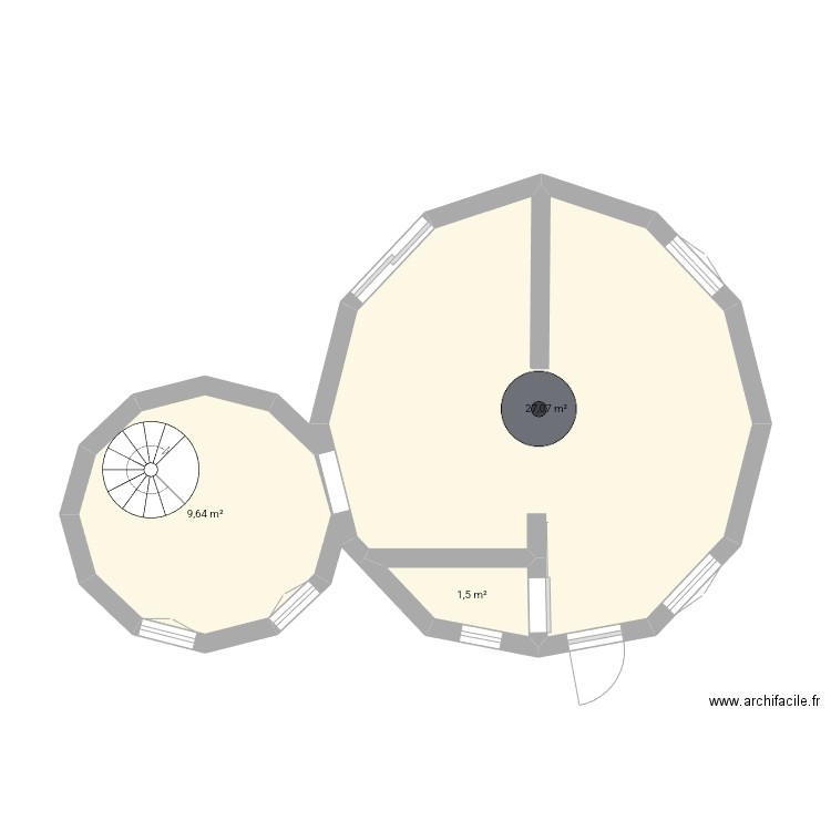 Round cottage. Plan de 3 pièces et 38 m2