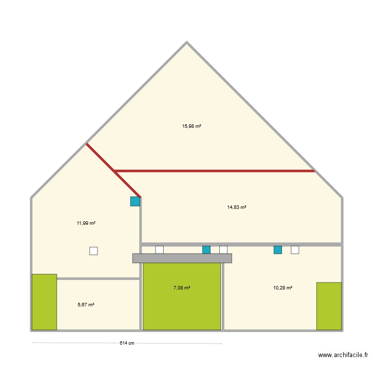 coupe. Plan de 6 pièces et 66 m2