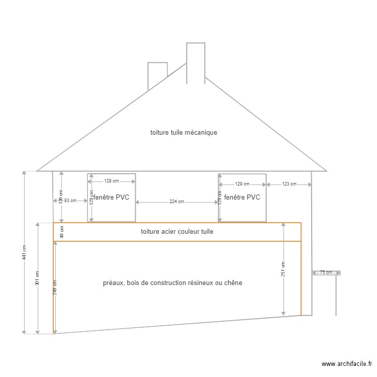 facade sud. Plan de 7 pièces et 44 m2