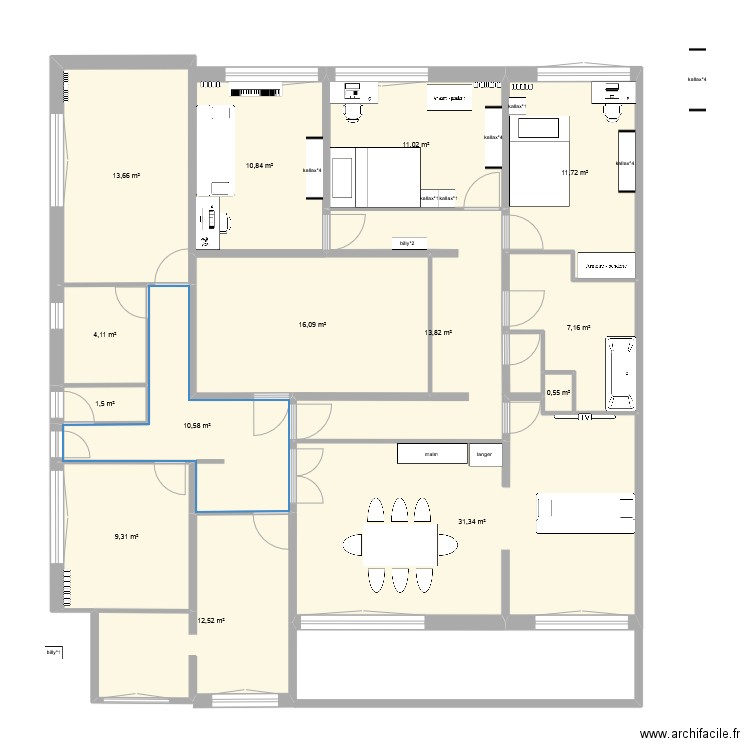 chambre nous. Plan de 14 pièces et 150 m2