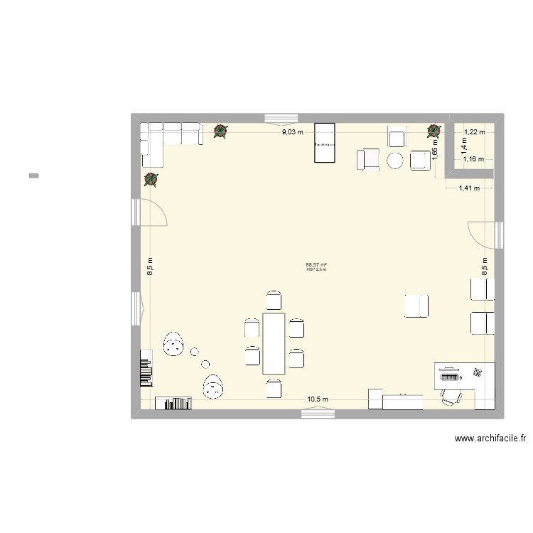 Plan du hall d'accueil. Plan de 1 pièce et 89 m2