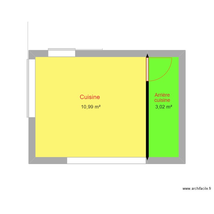 Cuisine meubles revus. Plan de 2 pièces et 14 m2