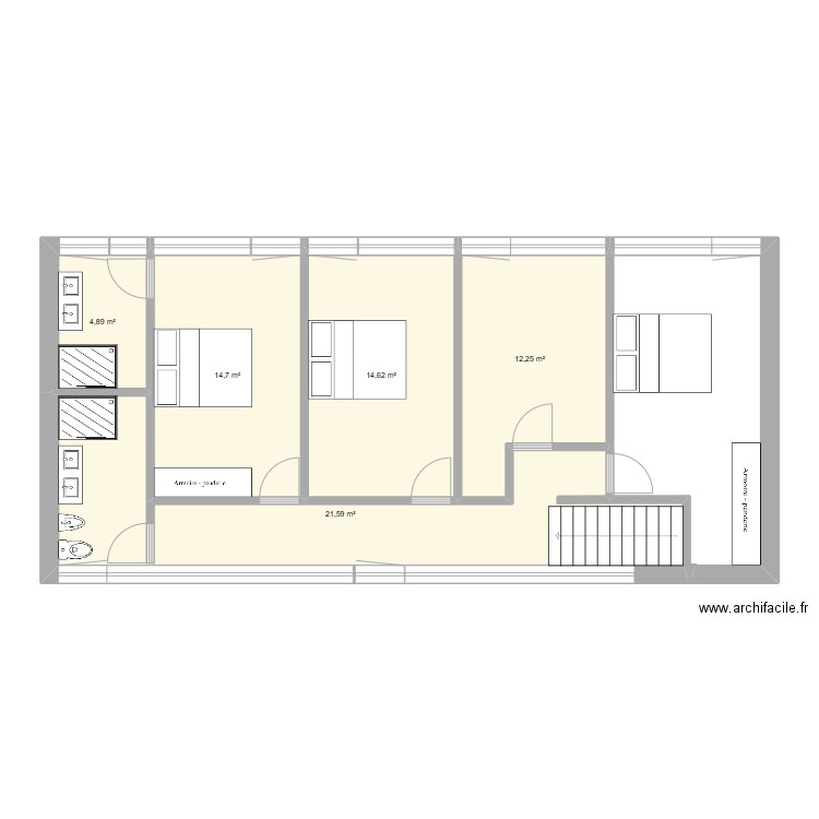 R+1. Plan de 5 pièces et 68 m2