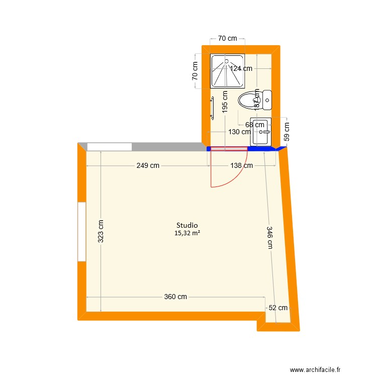 Durand - Projet avec SDB. Plan de 1 pièce et 15 m2