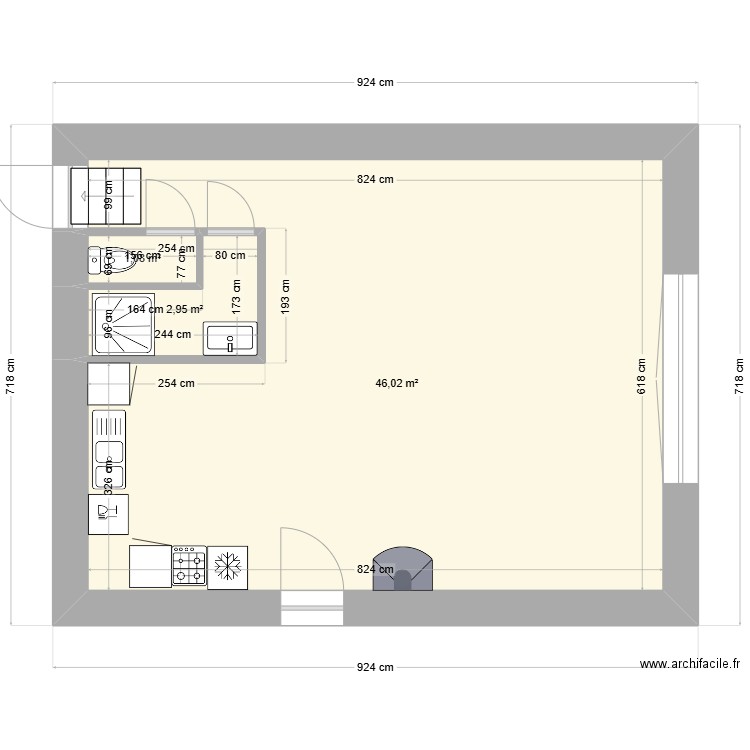 grange. Plan de 3 pièces et 50 m2