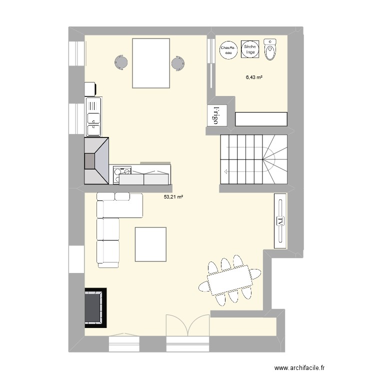 Jonquières RdC. Plan de 2 pièces et 60 m2