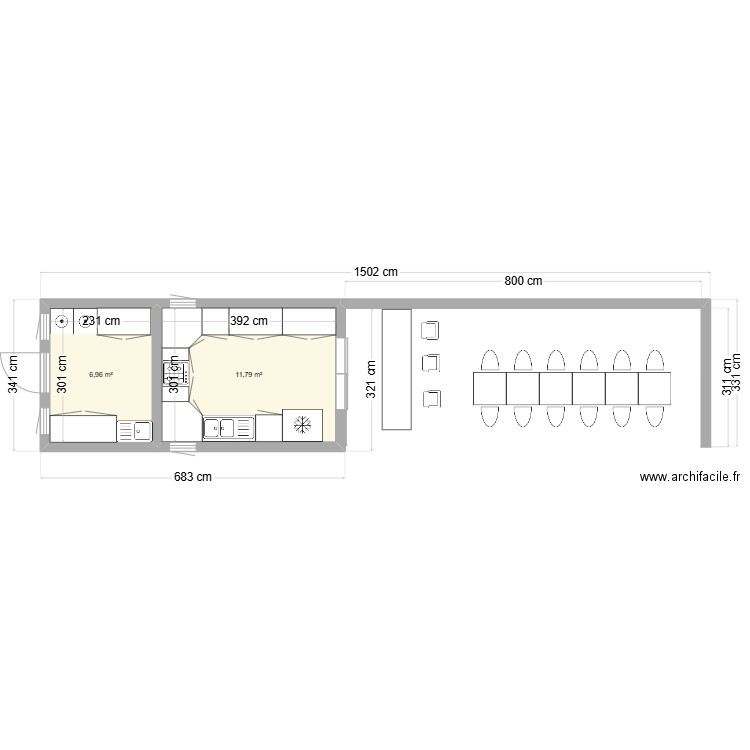 Cuisine extérieure Essaouira. Plan de 2 pièces et 19 m2