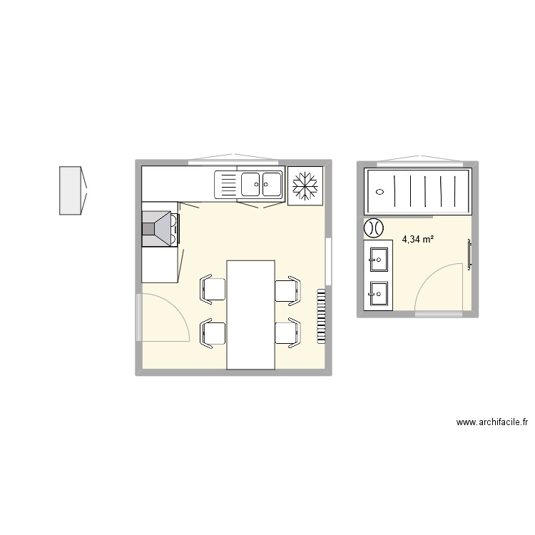 Sarah Cuisine SDB. Plan de 2 pièces et 15 m2