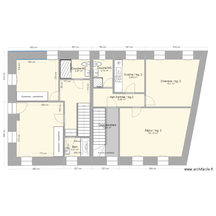 Cotes chambres. Plan de 11 pièces et 109 m2